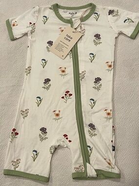 Kyte BABY White Floral Short-Sleeve One-Piece with Green Trim